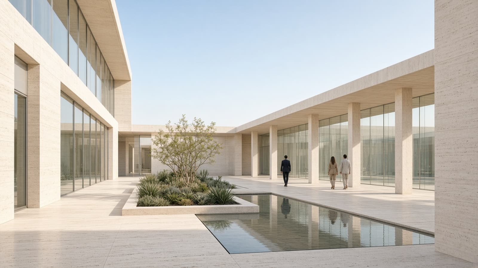 A bright stone courtyard with a reflecting pool and three people walking.