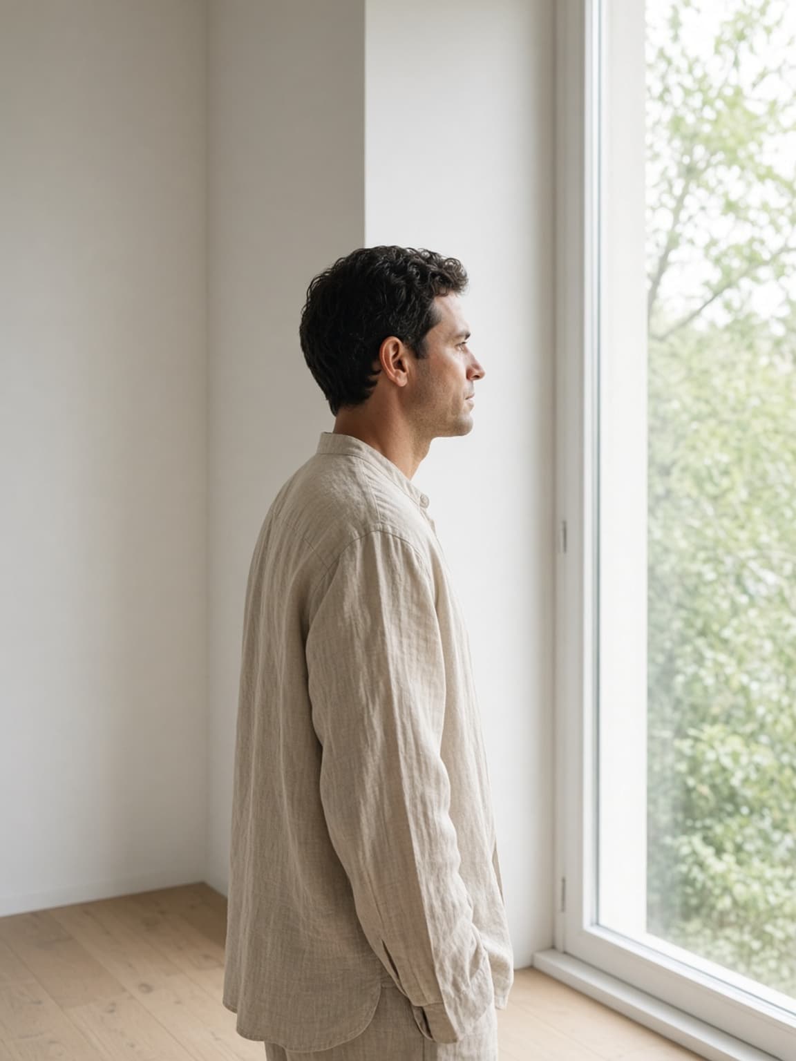 A person in linen standing at a tall window, looking out at trees.