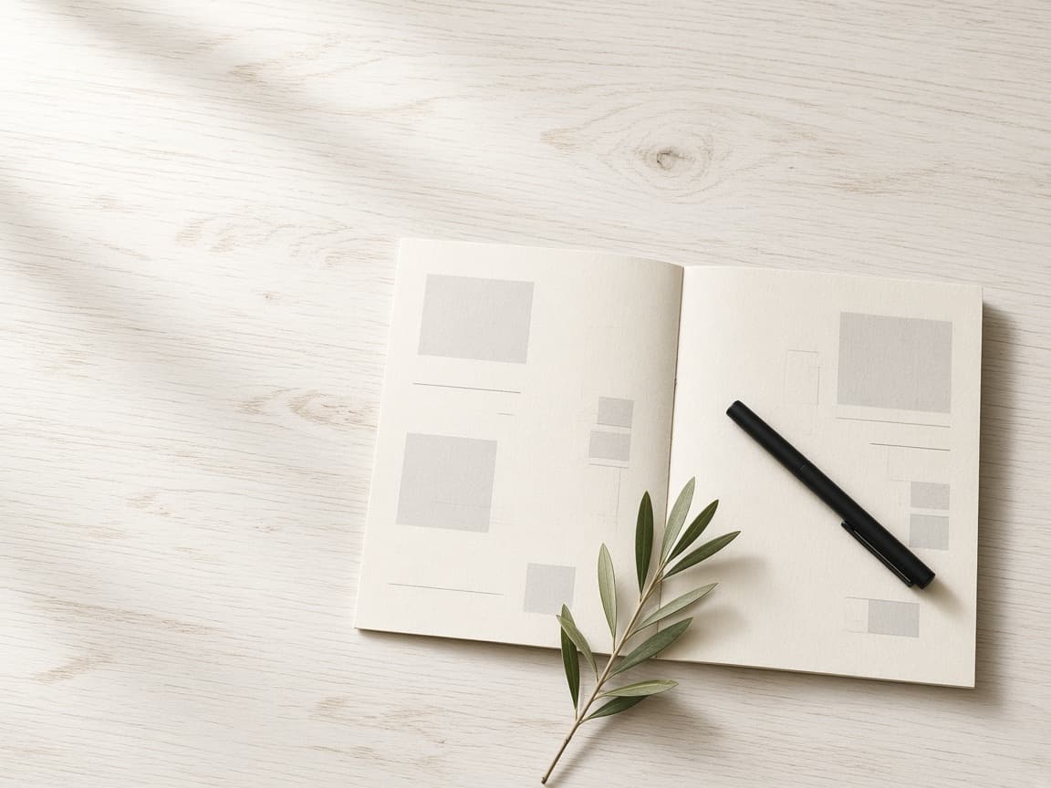An open report of blank diagrams on a white desk, with a black pen and an olive sprig.